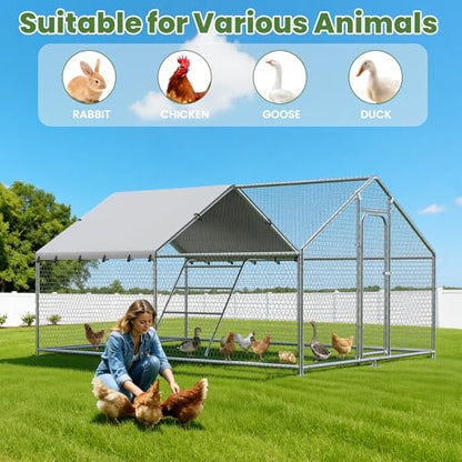 Large Metal Chicken Coop with Roosting,Outdoor Chicken Runs for Yard with Cover, Spire Roof Hen House Enclosure, Walk-in Cage Peak Hen House for Yard Farm,13.1 × 9.8 × 6.5 ft - size: 13.1'W x 9.8'L x 6.5'H - Spire