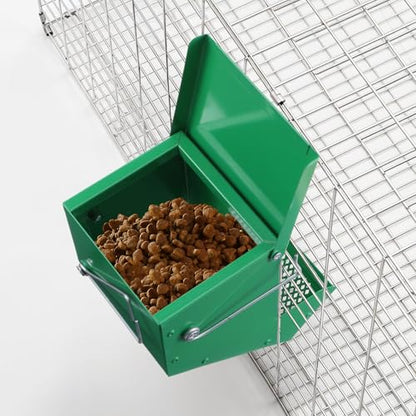 2 Pcs 4.7 Inch Small Animal Feeder with Lid, Heavy Duty Metal Food Dispenser for Rabbits, Guinea Pigs, Chinchillas, Large Capacity, Sifter Bottom, Green