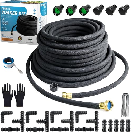 AMRITA Soaker Hose KIT,1/2inch 100ft Rubber Garden Hose 70% Water Saving,Black Heavy Duty Soaker Hose For Garden Lawn,Garden Raised Beds.(1/2-100FT) - color: 1/2"×(100FT)