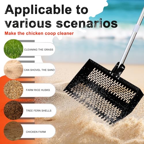 17inch Width Heavy Duty 2-in-1 Chicken Poop Scooper & Rake, Stainless Steel Chicken Coop Litter Sifting Shovel with Ergonomic Grip & Adjustable Angle, Sand Scoop for Coop, 37-54 Inch (17inch) - size: 17inch