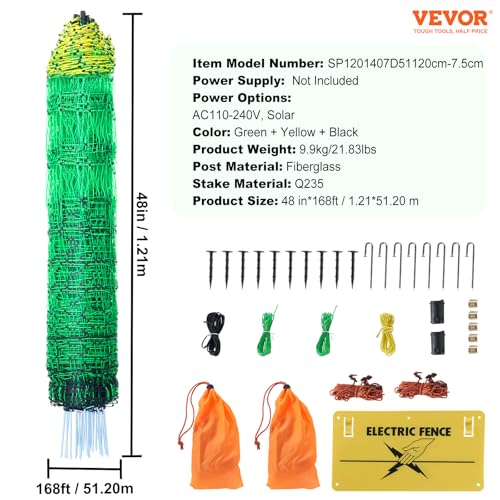VEVOR Electric Poultry Netting, 48" H x 168' L, PE Net Fencing Kit with Posts & Double-Spiked Stakes, Utility Portable Mesh for Chickens, Ducks, Geese, Rabbits, Used in Backyards, Farms, and Ranches - size: 48in*168ft, style: Poultry