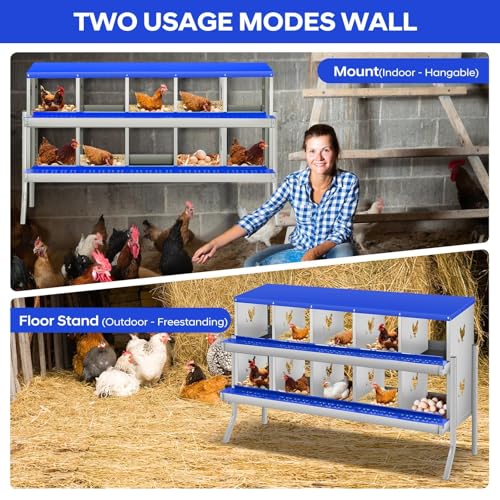 Two-Tier Removable Tray Design - Chicken Nesting Box for Small Animals - 10 Compartments, Galvanized Steel, Large Vented Holes, Wall Mount or Freestanding, Easy Clean - Blue, 10 Compartments ZW - color: Blue | 10 Compartment+legs