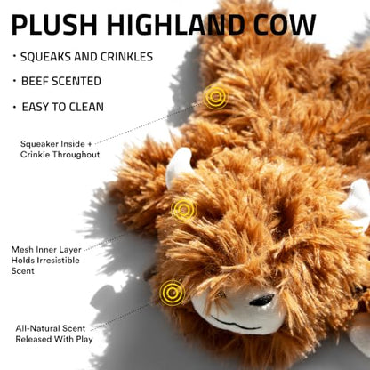 Playology Dog Toys | Plush Highland Cow Stuffed Animal | Beef Scented Jumbo Squeaky Toy | Plush Chew Toy for Large Dogs - size: Large, style: Highland Cow