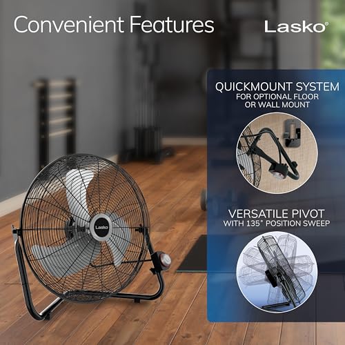 Lasko 20" Black High Velocity Wall Mount Fan with Pivoting Head - 3 Speeds, Ideal Wall Mount Fan or Floor Fans for Home, Garage, Attic, 2264QM - color: Black Silver