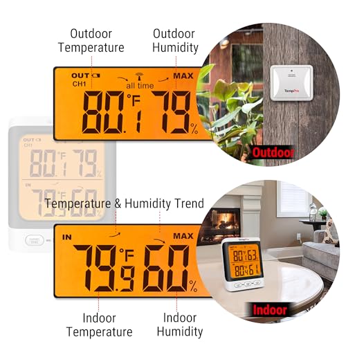 TempPro Indoor Outdoor Thermometer Wireless, 500 ft Outside Thermometer with Cold-Resistant Sensor, Outdoor Thermometer Waterproof for Patio with 3.3" LCD Backlit Display (Previously ThermoPro)