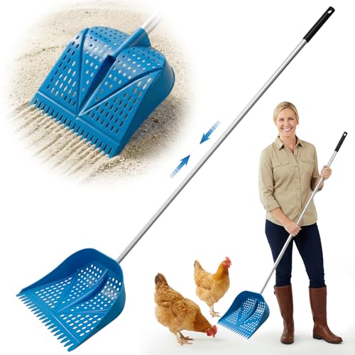 Chicken Poop Scooper & Rake 2-in-1, Adjustable Handle Length from 38" to 66", Features Manure Sifting Capability – Ideal for Chicken Coops and Farm Animal Cleaning (Blue) - color: Blue