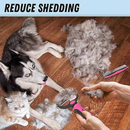 Docrok Pet Grooming Brush & Comb Combo, Cat & Dog Brush for Shedding & Dematting, Undercoat Rake for Long-haired Pets, Pink - color: Pink