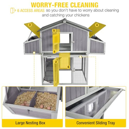 Aivituvin Large Chicken Coop for 4-6 Chickens, Raised Outdoor Wooden Chicken House with Unique Folding Design, 2 Nesting Boxes, Easy Clean Pull-Out Tray, Waterproof Asphalt Roof - Grey - size: 69.8"L x 42.0"W x 54.6"H