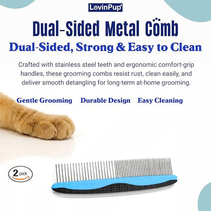 Pet Metal Comb for Dogs and Cats (2-Pack) - Stainless Steel Rounded Teeth for Painless Detangling - Dual-Spacing for Small & Large Pets with Comfort Grip Handle - Professional Grooming Tools - size: Comb