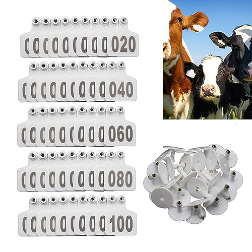 100PCS Cattle Ear Tags Numbered 001-100, Plastic Livestock Animal Ear Tag for Cows Goats Sheep Pigs Animal Identification Earring Tagger (White) - color: White