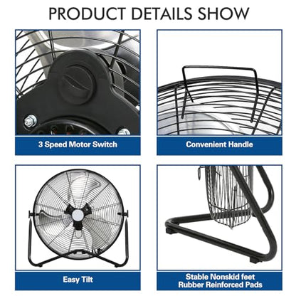 BILT HARD 4650 CFM 20" High Velocity Floor Fan, 3-Speed Heavy Duty Metal Fan with Wall-Mounting System, Industrial Shop Fan for Commercial, Garage, and Greenhouse