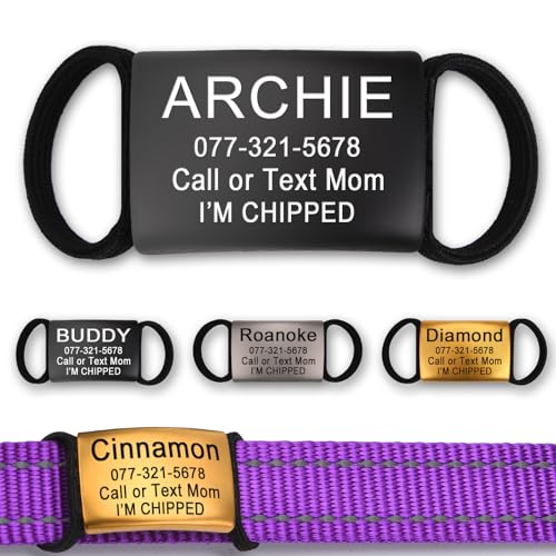 Personalized Engraved Stainless Steel Pet Tag, Sliding Silent Pet ID Tag, Elastic Fabric Band-Not Easy to Break, Fits Most Pet Collars, 3 Sizes, Customizable with Name/Number/Adress, Black - color: Black