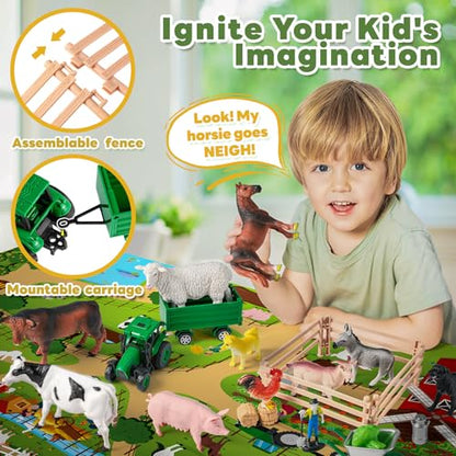 Farm Animal Toys for Toddlers,38 PCS Realistic Animal Figurines Toys with 47.2”x31.4” Large Activity Play Mat and Tractor Toy,Farm Playset Educational Learning Toy for Toddlers Kids 3-5