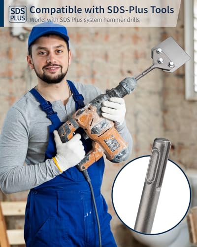 SDS Plus Floor Scraper with 2pcs Replaceable Blades, Firecore 4 Inch wide Thinset Removal Chisel Bits for SDS Plus Rotary Hammer Drill Power Tool, Flat Steel Shovel Tile Ceramic Vinyl Adhesive Remover - style: Floor Scraper with 2 Blades