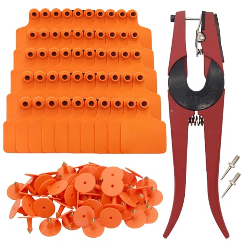 Blank Cattle Ear Tags with Pliers, Orange, 100 Pieces | TPU Material, Large Livestock Identification Tags, For Cattle Cow Horse Pig Goat Sheep - color: Orange
