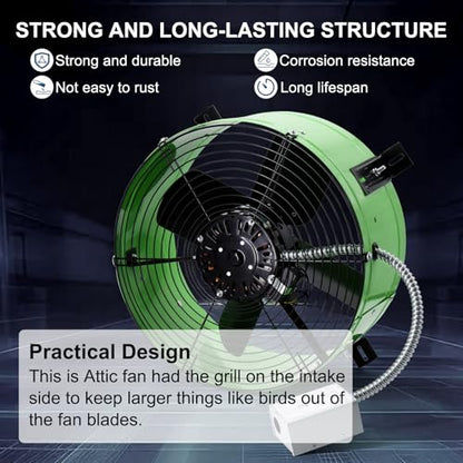 Criditpid 15" Gable Mount Vent Attic Fan for Gable, Home, Shed, Garage, Portable Building, Exhaust Ventilation Fan with Adjustable Thermostat 1650CFM, 1075RPM, 3.4A, 2500 Sq.Ft Coverage Area, Green. - color: 1650CFM