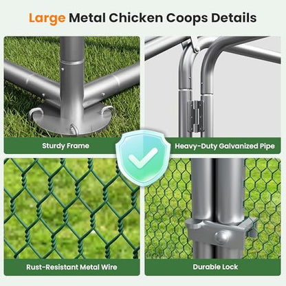 Metal Chicken Coops 13x10 Walk-in Chicken Runs with Chicken Roosting Perch Waterproof Hardware Cloth Cover Poultry Cage with Split Double Door - color: Silver, size: 159.0"L x 79.0"W x 79.0"H