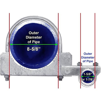 Chain Link Fence 180 Degree Commercial Duty Gate Hinge-for 8-5/8" Outside Diameter Gate Post/Pipe & 1-5/8 Thru 1-7/8" Gate Frame. Chain Link Post Gate Hinge - Hinge U Bolts Included - Qty 2 - size: 8-5/8" - 2 Pack