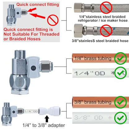 YUHX Feed Water Adapter 3/8" x 1/4" or 3/8" Add-A-Tee, 1/2 x 1/4 or 3/8 Water Line splitter,1/4 Push to Connect not Fit Thread or Braided Hose - style: Push to Connect