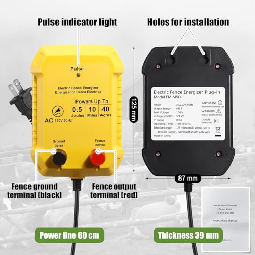 MorningRo Electric Fence Charger Set 110VAC 0.5 Joule Electric Plug in Fence to Contain Pet Poultry Keep Rodent, 50 Black Insulator and 1 Socket Tool 250ft Aluminum Wire for Garden Pond Protection - style: 0.5 Joule