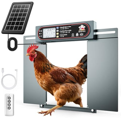 Automatic Chicken Coop Door with Horizontal Dual Opening, Remote & Manual Control, USB Backup, Predator-Proof Larger Opening Size House Door Solar Powered for Chicken, Duck and Poultry, Gray