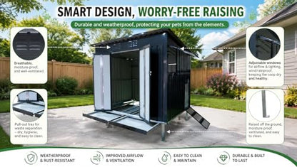 KEIKI Outdoor Galvanized Metal Chicken Coop Raised Base Pull Out Tray Grey | Outdoor galvanized chicken coop with raised base and pull out trays. Weatherproof poultry cage for backyard hen duck housing.