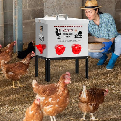 40LB Automatic Chicken Feeder with 6 Ports, Heavy Duty Metal No-Waste Poultry Feeder, Rustproof & Weatherproof Design with Adjustable Legs & Locking Lid