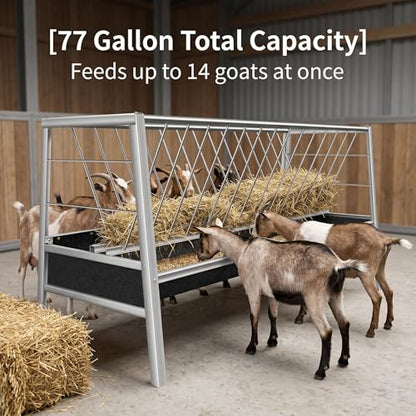 Hay Feeder, 77 Gallon Stainless Steel Goat Feeder for Goats Sheep Calves Horses, Anti-Waste Goat Feeder with Rubber Trough Livestock Feeder