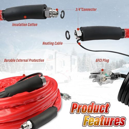 13FT，26FT，50FT RV Heated Drinking Water Hose | Water Line Freeze Protection -45°C（-49°F）Heat Garden Hoses,Water Hose for Winter Includes Adapter for Connection to Either End of Hose - size: 26 FT