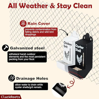 CluckRoots Chicken Grit and Oyster Shell Feeder Combo, No-Spill Weatherproof Heavy-Duty Design, Lift-Off Wall-Mounted Metal Dispenser w/View Window, Chicken Coop Accessories Gifts for Lovers Women - color: Combo-Black/White