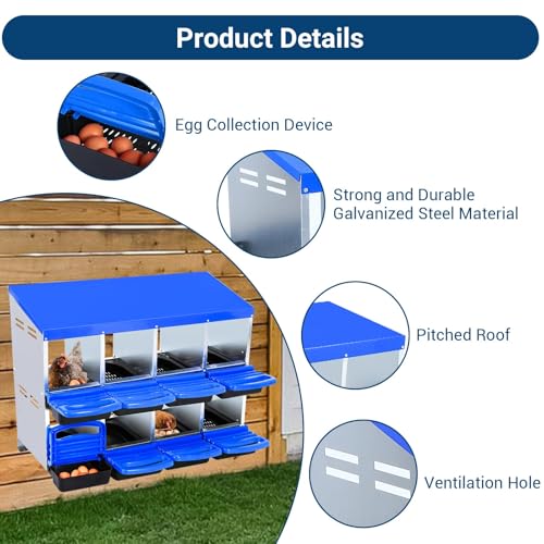Chicken Nesting Boxes,8 Hole Metal Roll Away Eggs Laying Boxes with Ventilation Holes，Rustproof Plastic Tray & Keyhole Mounting, Cleanable Pull Out Nest Box for Hen & Duck, Blue - color: Blue, size: 8 holes