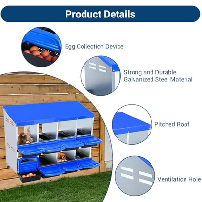 Chicken Nesting Boxes,8 Hole Metal Roll Away Eggs Laying Boxes with Ventilation Holes，Rustproof Plastic Tray & Keyhole Mounting, Cleanable Pull Out Nest Box for Hen & Duck, Blue - color: Blue, size: 8 holes
