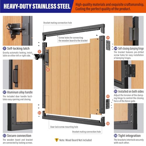 3x3FT (34.8"W X 35.4"H) 201 Stainless Steel Anti Sag Wooden Fence Gate Kit Heavy Duty Garden Gate Frame Hardware Kit Reinforcement (Left/Right Free-Installation) - size: W3xH3 FT