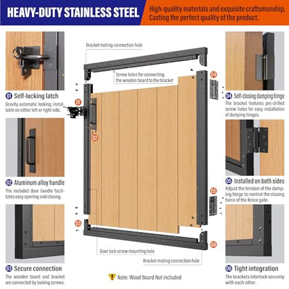 3x3FT (34.8"W X 35.4"H) 201 Stainless Steel Anti Sag Wooden Fence Gate Kit Heavy Duty Garden Gate Frame Hardware Kit Reinforcement (Left/Right Free-Installation) - size: W3xH3 FT