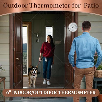 6 inch Outdoor Thermometer for Greenhouse, Garage and Patio. Weatherproof & Decorative Outside Temperature Gauge for Window, Antique Copper with Humidity (Easy-Read Brass Swivel Design)