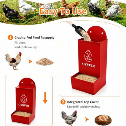 Chicken Feeder 2 Pack, Metal Wall-Mounted Automatic Feeder for Oyster Shell & Grit, No-Spill Heavy-Duty Chicken Coop Accessory, Feed Dispenser for Backyard Poultry