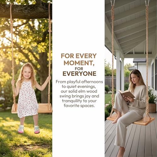 Hanging Wooden Swing, Seat 19.7"x 5.1"× 1.2", Tree Swings for Adults and Kids Outdoor, Adjustable Hemp Rope Plus Tree Straps 80 inch, Kids Indoor Swing with 500lb,Indoor Swing for Adults
