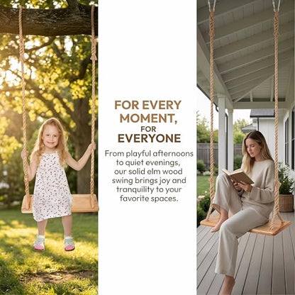 Hanging Wooden Swing, Seat 19.7"x 5.1"× 1.2", Tree Swings for Adults and Kids Outdoor, Adjustable Hemp Rope Plus Tree Straps 80 inch, Kids Indoor Swing with 500lb,Indoor Swing for Adults