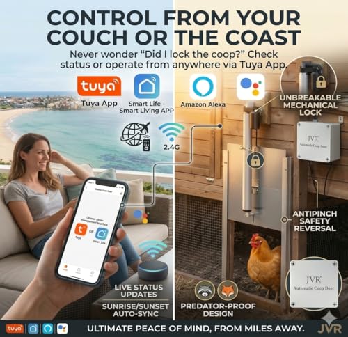 JVR WiFi Automatic Chicken Coop Door, App & Alexa Control, Aluminum | Electric plug-in, 2.4G WiFi, sunrise/sunset timer, anti-pinch sensor, IP53 weatherproof, heavy-duty aluminum actuator - size: Small