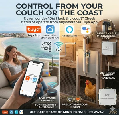 JVR WiFi Automatic Chicken Coop Door, App & Alexa Control, Aluminum | Electric plug-in, 2.4G WiFi, sunrise/sunset timer, anti-pinch sensor, IP53 weatherproof, heavy-duty aluminum actuator - size: Small
