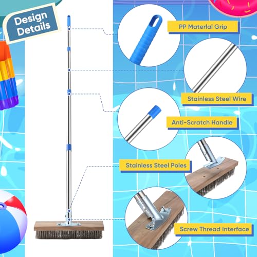 FillTouch Set of 2 Deck Brush with Handle 5.25 ft Long 2 Pcs Stainless Steel Deck Wire Brush Concrete Brush Stiff Bristle Broom for Cleaning Scrubbing Removing Rough Surface Stain on Pool Garage Patio