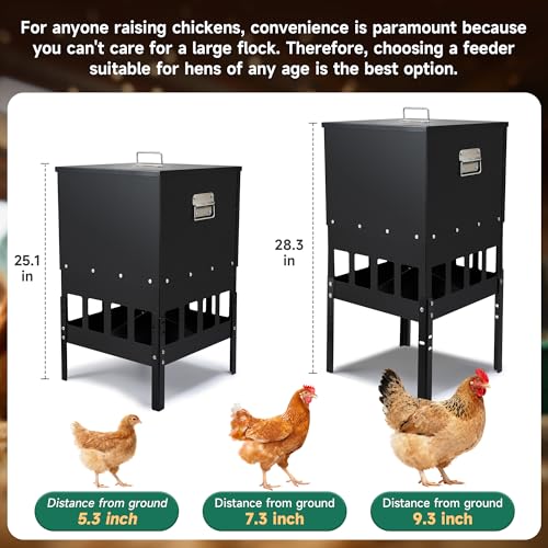 55-70LBS Large Chicken Feeder No Waste 16-Ports Automatic with Magnetic Baffle to Prevent Rodents and Mice Large Poultry Feeder Adjustable Height Suitable for All Poultry, Weatherproof - color: 55-70LBS