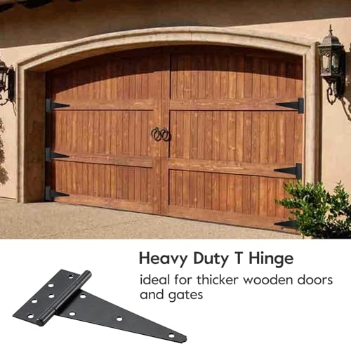HOME MASTER HARDWARE 10 Inch T-Strap Heavy Duty Shed Door Hinges-Black, for Outdoor Barns and Wooden Fences, 6 Pack with Screws - size: 10 in-6 Pack