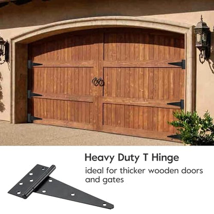 HOME MASTER HARDWARE 10 Inch T-Strap Heavy Duty Shed Door Hinges-Black, for Outdoor Barns and Wooden Fences, 6 Pack with Screws - size: 10 in-6 Pack
