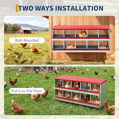 Chicken Nesting Boxes, 10 Compartment Metal Roll Away Nest Box with Vent Holes & Swing Perch, Easy Egg Collection for Hens & Ducks, Ideal for Poultry Coops