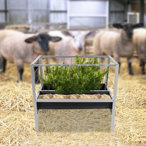 Livestock Feed Trough, 2-in-1 Galvanized Steel Grain & Hay Feeder for Goats Sheep, Large Capacity Floor Standing Feed Trough with Anti-Snag Design for Farm Animals (Black)