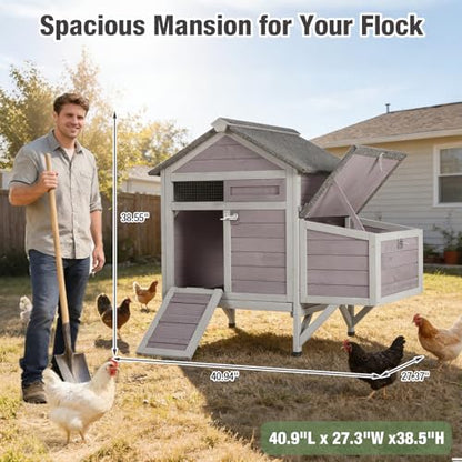 Small Chicken Coop with 2 Nesting Boxes, Wooden Hen House for 1-2 Chickens, Waterproof Asphalt Roof Poultry Hutch with Wildlife-Proof Latches, Roosting Bar and 4 Ground-Clearing Legs - color: Grey