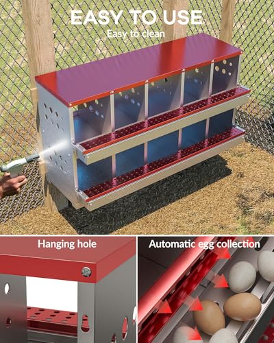 Galvanized Metal Chicken Nesting Box - 10 Compartments with Perch Rod, Egg Collection Tray & Fake Training Eggs - Rustproof Poultry Laying Box for Hens - color: Red, size: 10 Compartments