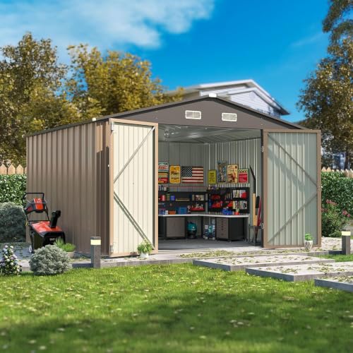 Patiowell 10x8 FT Outdoor Storage Shed, Large Metal Tool Garden Sheds with Lockable Door and Sloping Roof, Waterproof Outside Storage Shed for Backyard Patio Lawn, Brown - color: Brown, size: 10x8 FT