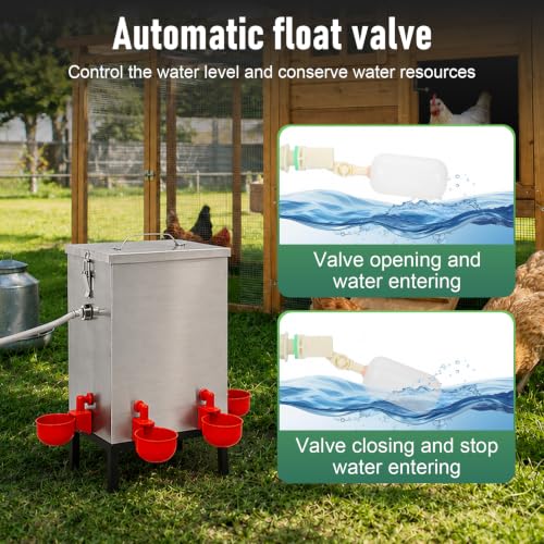 Automatic Chicken Waterer 3 Gallon, 304 Stainless Steel Poultry Waterer with Float Valve, No-Spill Metal Chicken Water Dispenser, Standing Chicken Watering System for Backyard Coop, Ducks & Small Farm
